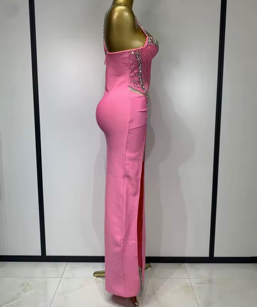 Women Pink Rhinestone Sexy Sleeveless Maxi Dress