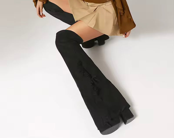 Women Black Fringe Fashion Knee High Platform Boots