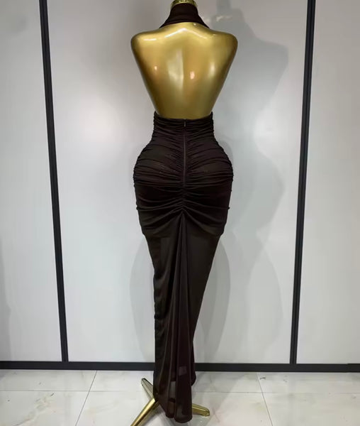 Women Sexy Halter Sleeveless Ruched Brown Maxi Dress