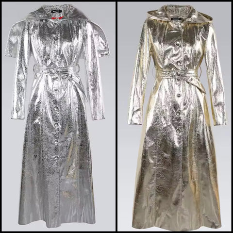Women Metallic Hooded Fashion Trench Faux Leather Jacket