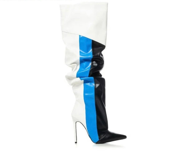 Women Multicolored Striped Fashion Faux Leather Knee High Boots