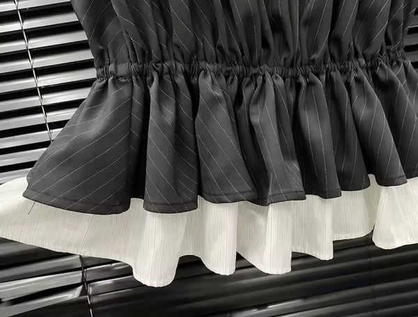 Women Sexy Strapless B&W Striped Ruffle Two Piece Short Set