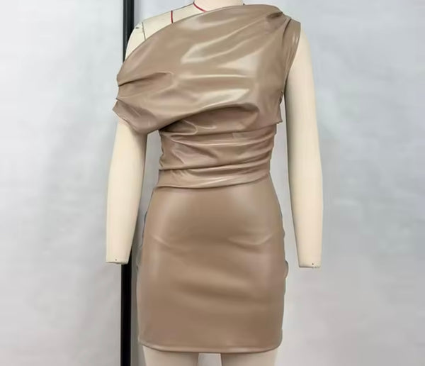 Women Sexy PU Ruched Short Sleeve Dress