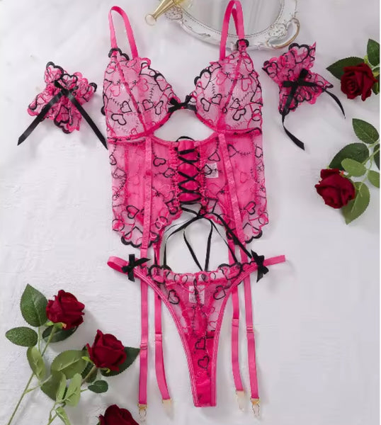 Women Sexy Pink Heart Print Mesh Lingerie Set