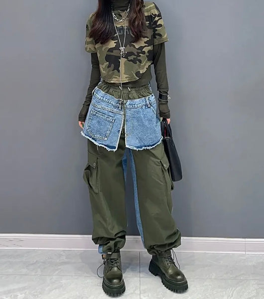 Women Fashion Color Denim Patchwork Cargo Pants