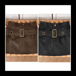Women Fashion Faux Leather Gold Buckled Belted Skirt