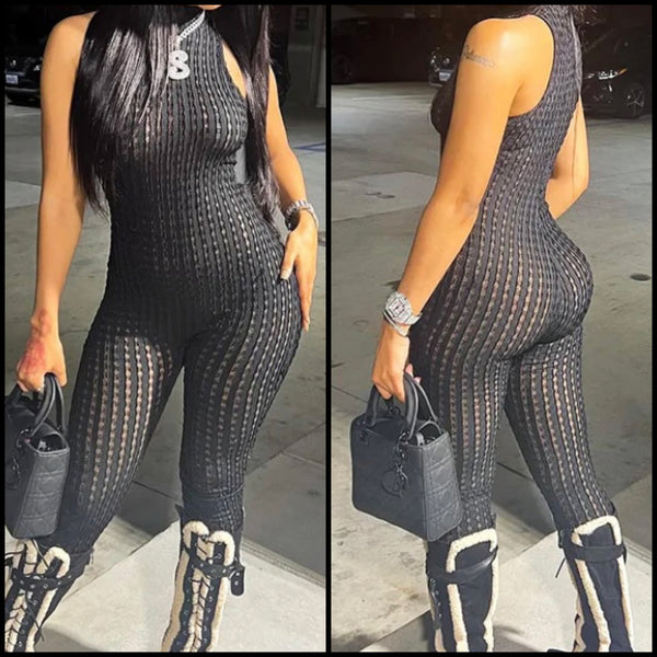 Women Black Sexy Sleeveless See Through Fashion Jumpsuit