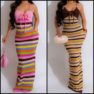 Women Sexy Sleeveless Colorful Striped Maxi Dress