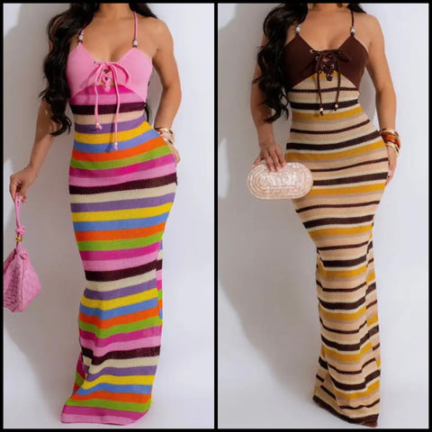 Women Sexy Sleeveless Colorful Striped Maxi Dress