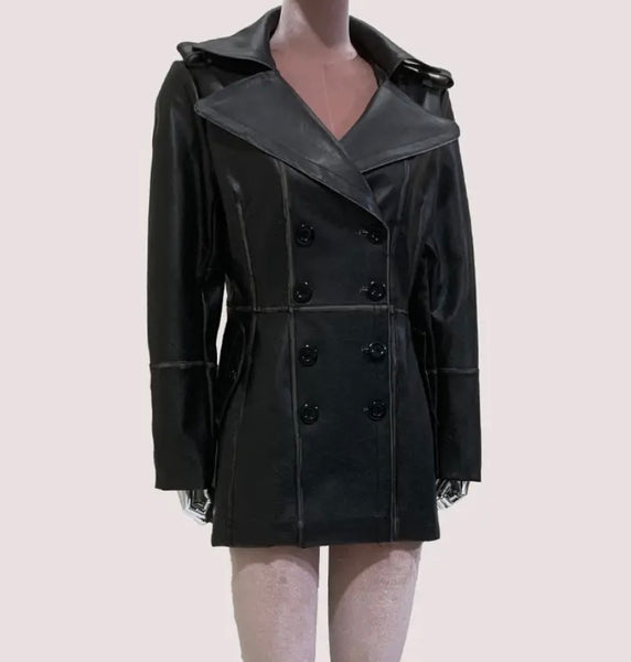 Women Black Fashion Faux Leather Trench Short Jacket