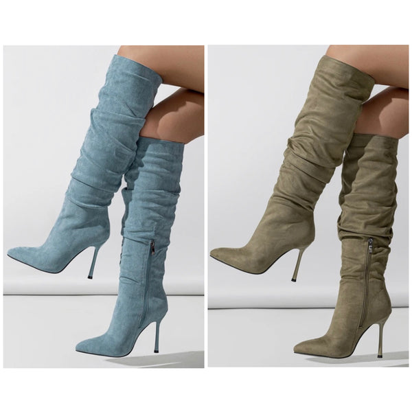 Women Fashion Ruched Pointed Toe Knee High Boots