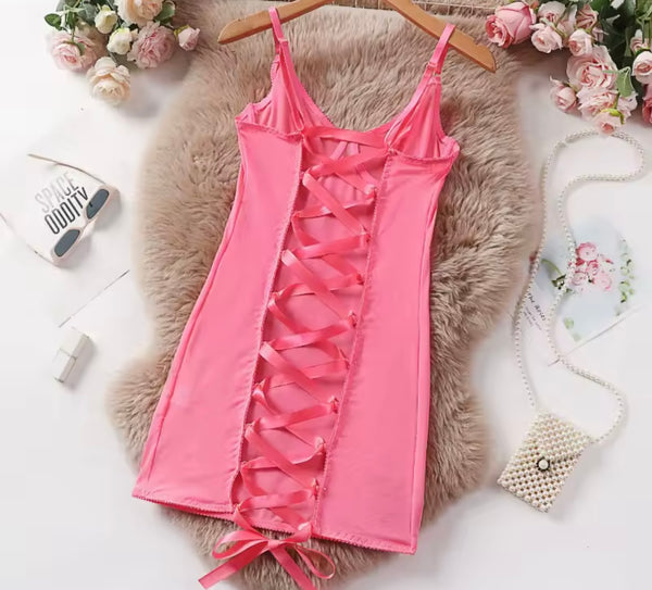 Women Sexy Sleeveless Open Back Lace Up Mesh Nightgown Lingerie