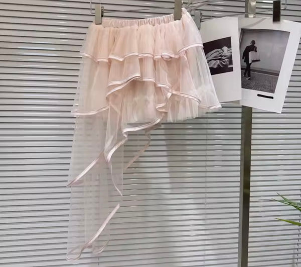 Women Pink Short Sleeve Two Piece Ruffled Mesh Skirt Set