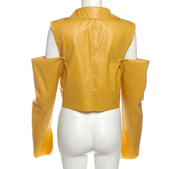 Women Fashion Yellow Cut Out Faux Leather Jacket