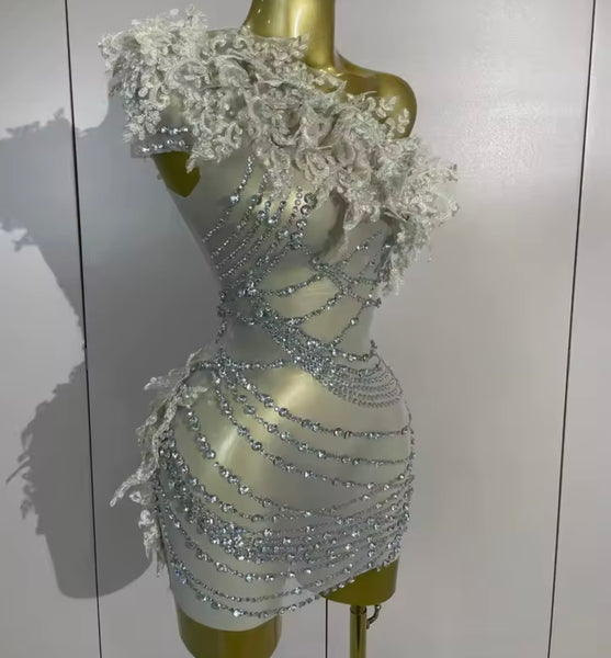 Women Sexy One Shoulder Sleeveless Rhinestone Dress