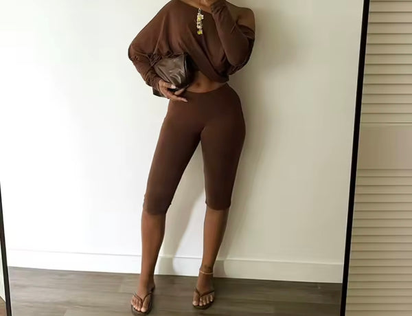 Women Off The Shoulder Full Sleeve Two Piece Capri Pant Set