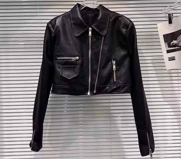 Women Black Zip Up Fashion Faux Leather Jacket