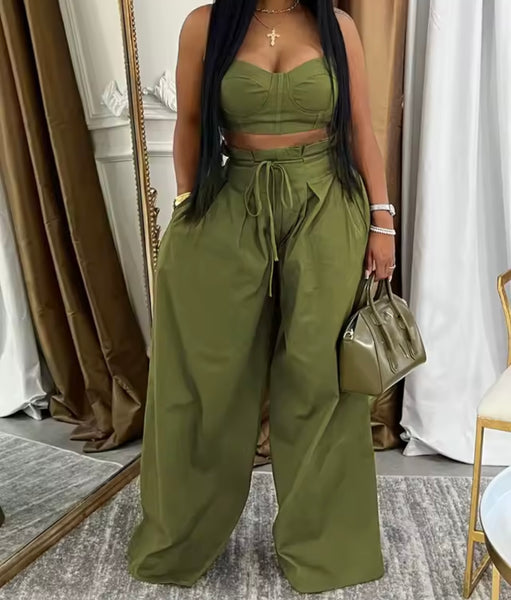 Women Color Sleeveless Crop Fashion Two Piece Wide Leg Pant Set