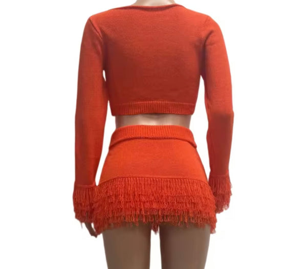 Women Color Fashion Full Sleeve Fringe Two Piece Skirt Set