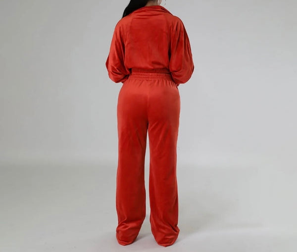 Women Fashion Hooded Zip Up Velour Tracksuit Two Piece Pant Set