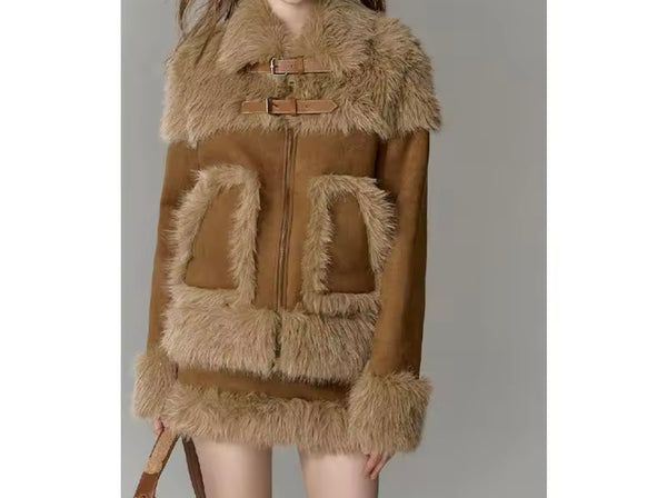 Women Fashion Fur Patchwork Suede Jacket Two Piece Skirt Set