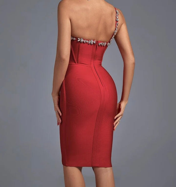 Women Sexy One Shoulder Sleeveless Red Rhinestone Patchwork Dress