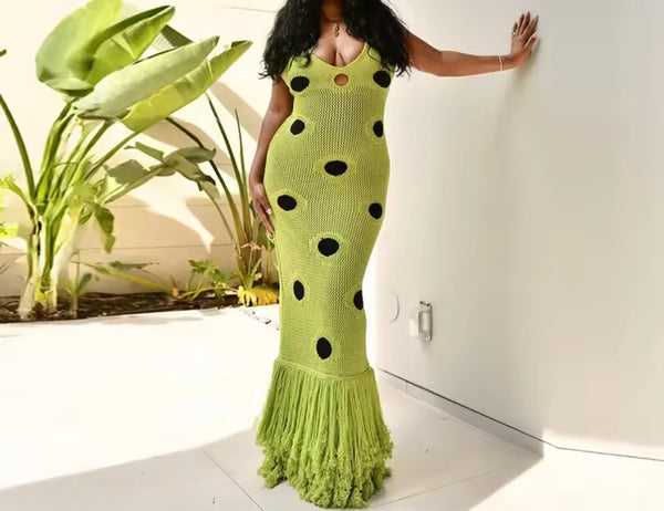 Women Sexy Sleeveless Green Polka Dot Knitted Fringe Maxi Dress