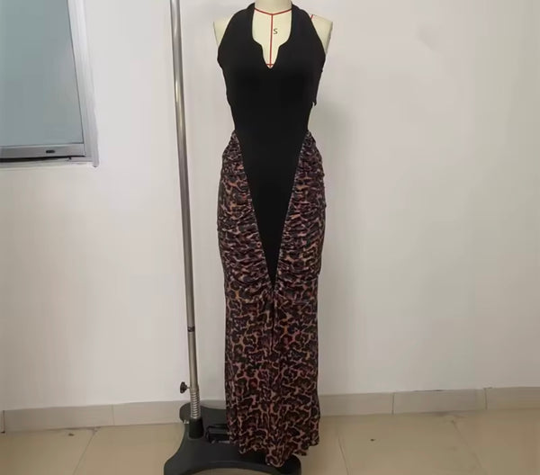 Women Sexy Halter Sleeveless Open Back Leopard Maxi Dress