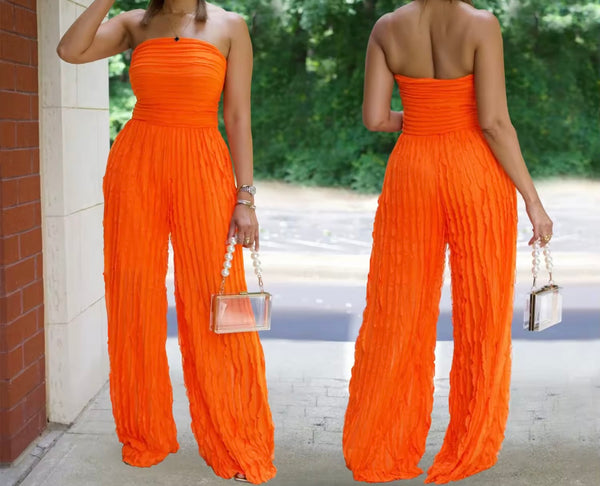 Women Sexy Strapless Color Pleated Jumpsuit