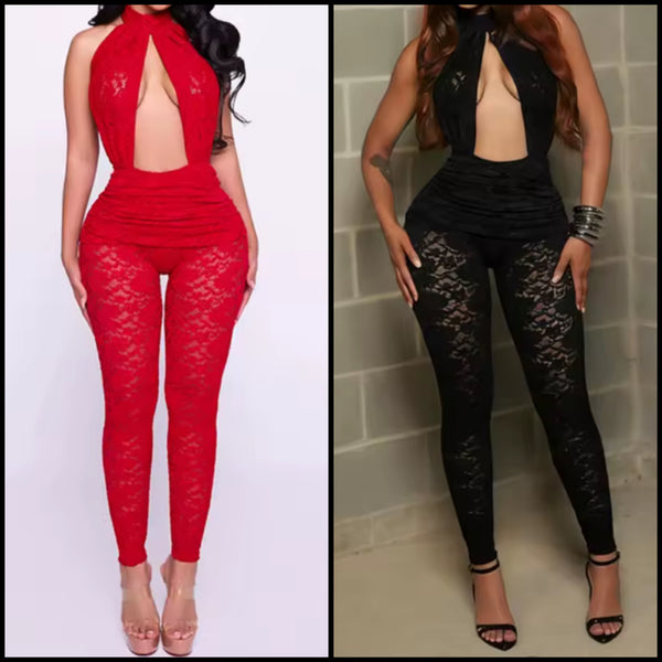 Women Sexy Halter Sleeveless Lace Cut Out Jumpsuit