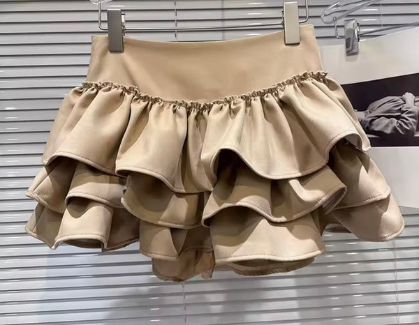 Women Khaki Fashion Trench Jacket Two Piece Ruffled Skirt Set