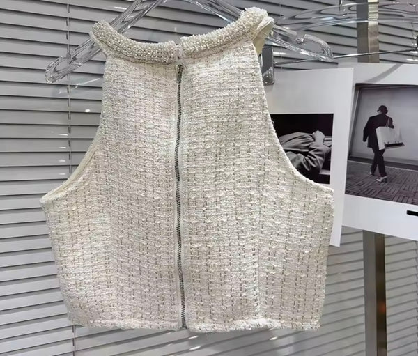 Women Bling Sleeveless Tweed Two Piece Sexy Skirt Set
