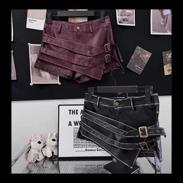 Women Fashion Buckled Faux Leather Wrap Short
