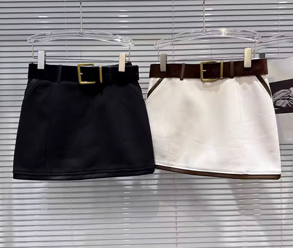 Women Color Belted Fashion Short Skirt