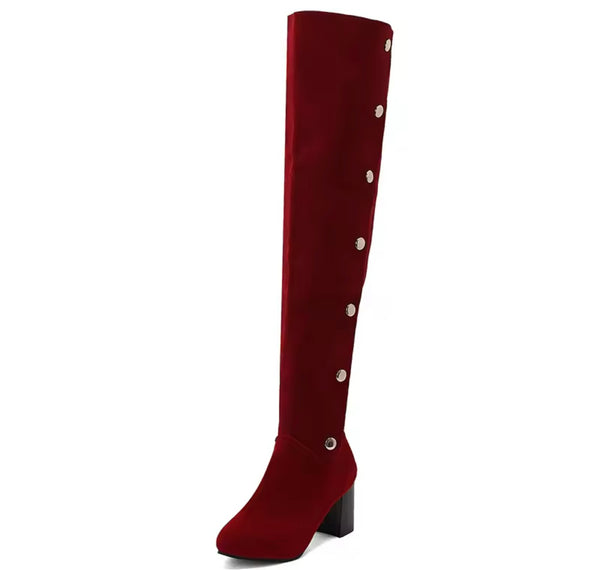 Women Color Suede Button Fashion Over The Knee Boots
