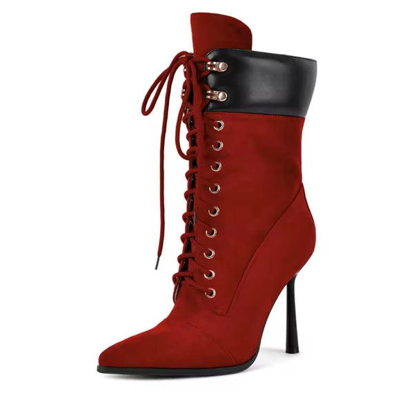 Women Fashion Color Pointed Toe Lace Up High Heel Ankle Boots