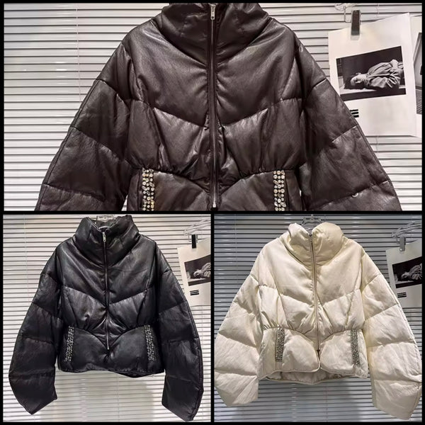 Women Fashion Rhinestone Pocket Puff Jacket