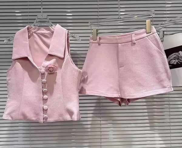 Women Floral Button Up Collar Sleeveless Two Piece Wrap Short Set