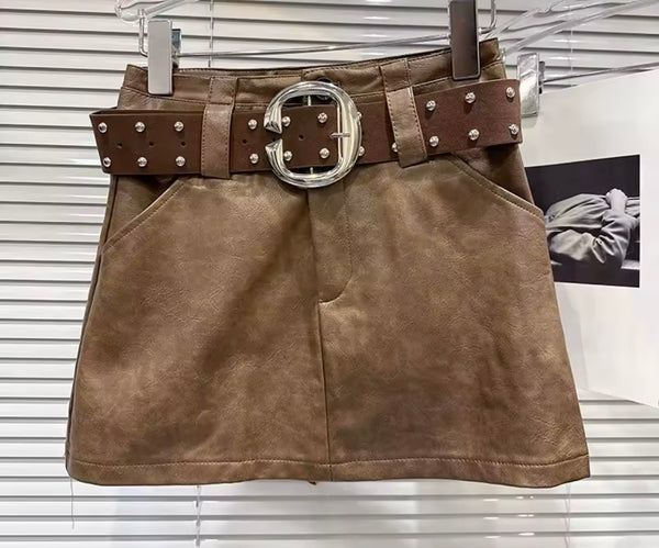 Women Rivet Belted Faux Leather Fashion Skirt