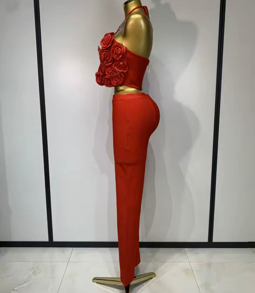 Women Fashion 3D Floral Halter Sleeveless Two Piece Pant Set