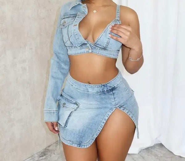 Women Sexy Fashion One Shoulder Crop Jacket Two Piece Denim Skirt Set