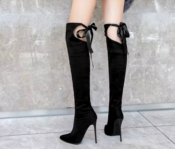 Women Fashion Black Pointed Toe Cut Out Tie Up Knee High Boots