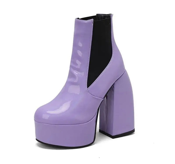 Women Fashion Round Toe Platform Patent Leather Ankle Boots