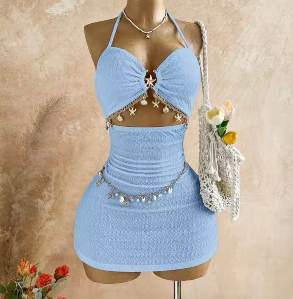 Women Sexy Halter Sleeveless Chain Cut Out Dress