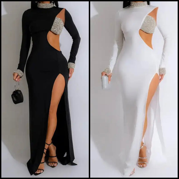 Women Sexy Bling Patchwork Full Sleeve Side Split Maxi Dress