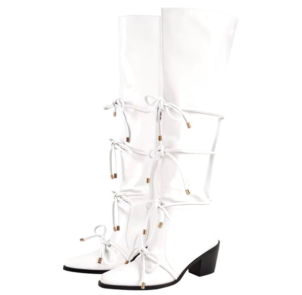 Women Fashion Faux Leather Pointed Toe Tie Up Knee High Boots