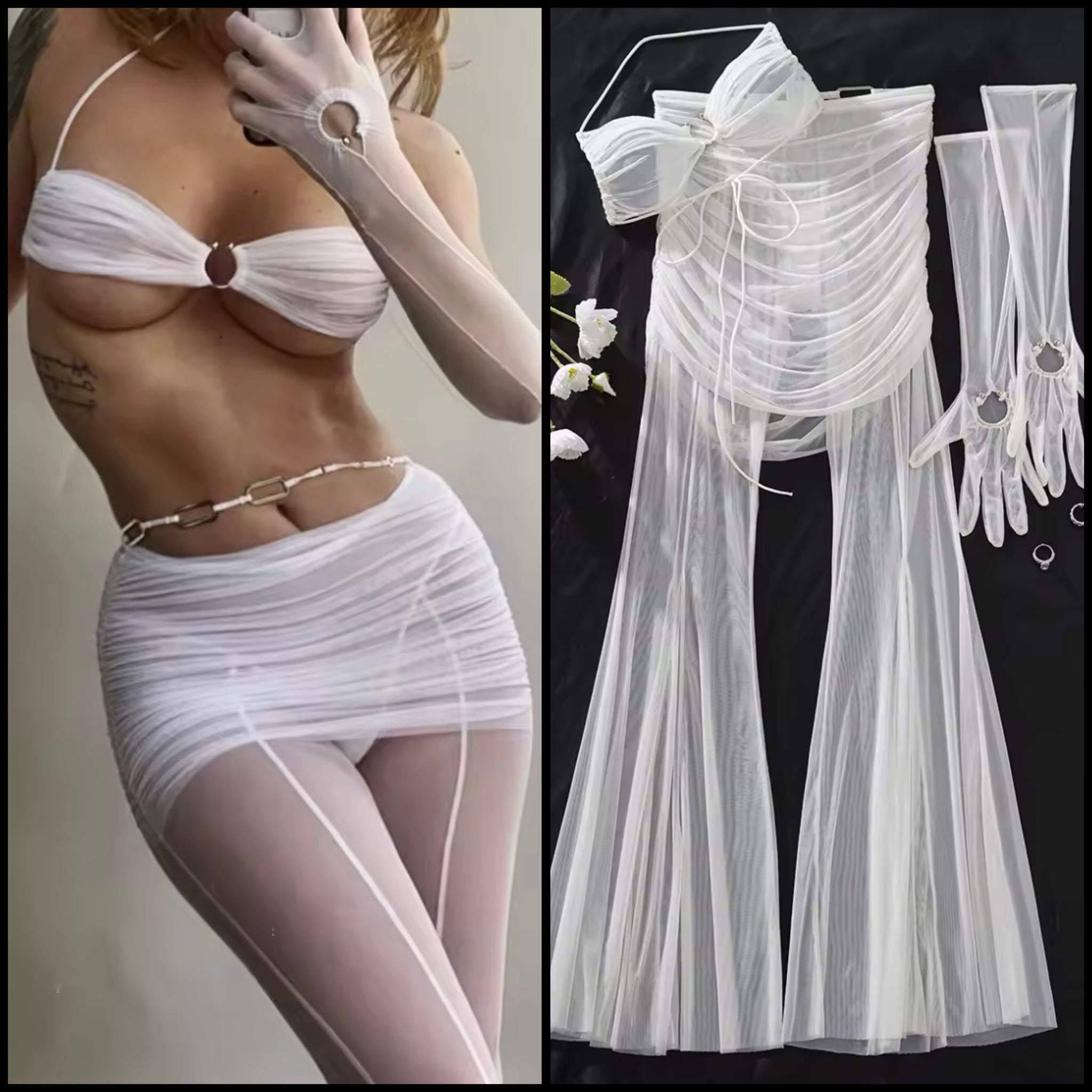 Women White Sexy Mesh Glove Lingerie Set