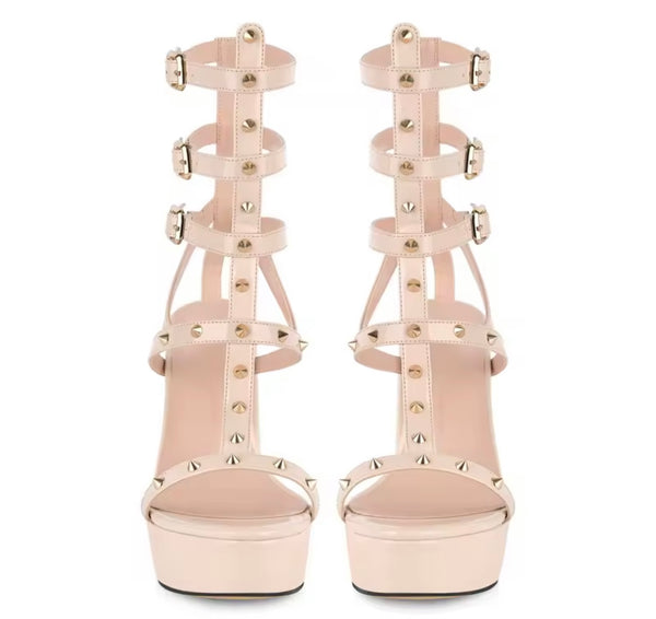 Women Open Toe Rivet Platform Buckled High Heel Sandals