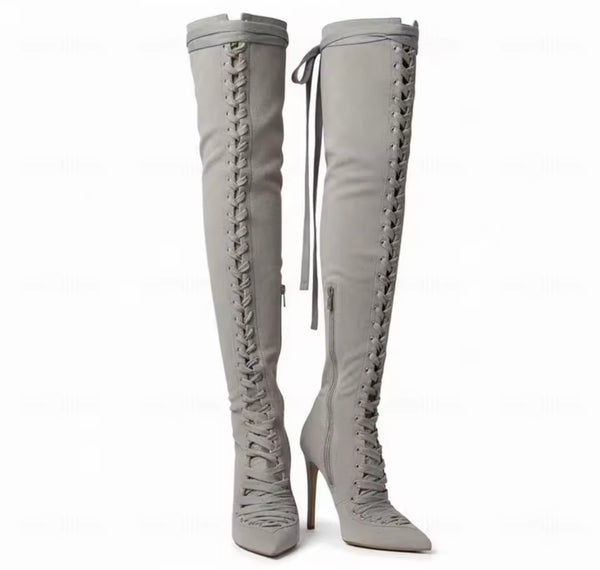 Women Fashion Pointed Toe Lace Up Suede Knee High Boots