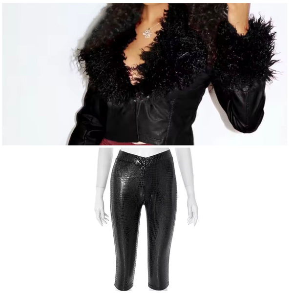 Women Fur Patchwork Fashion Faux Leather Two Piece Capri Pant Set
